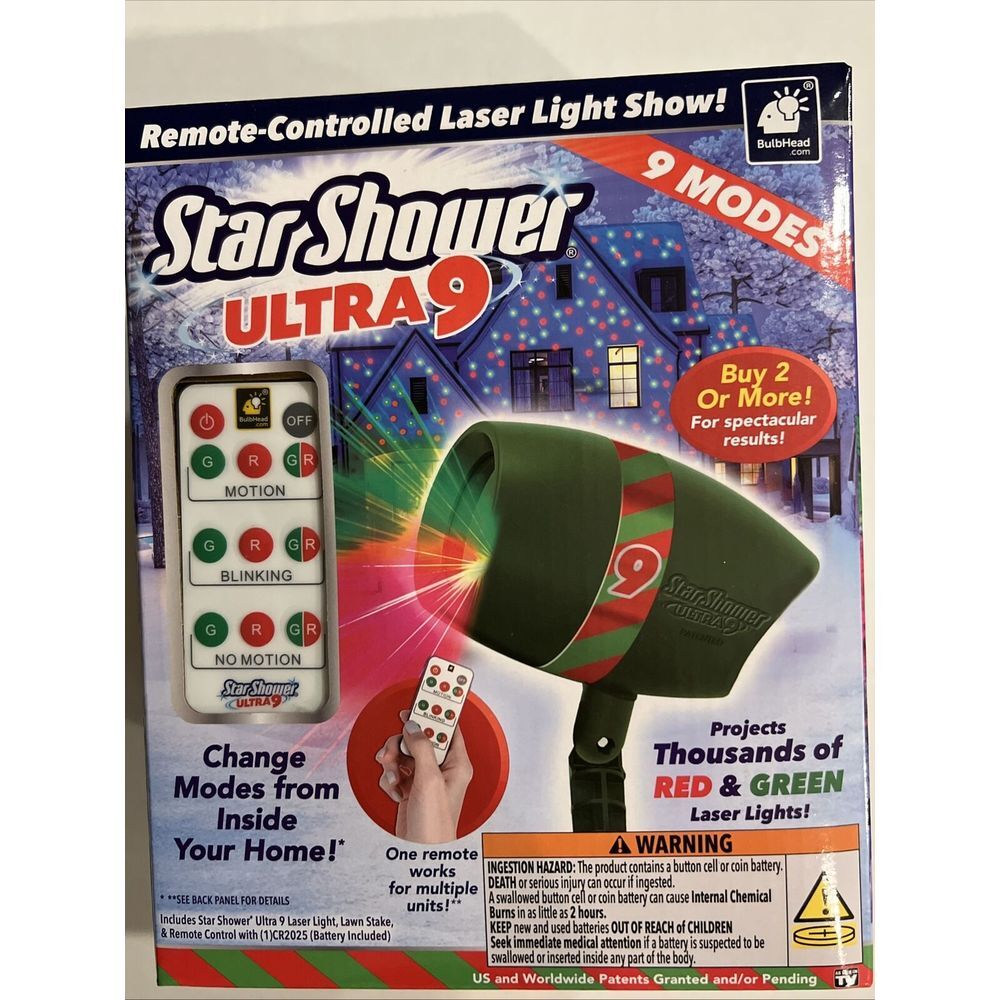 Star Shower Ultra 9 Christmas Laser Projector Red Green W/ Remote Light Show NEW